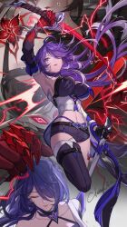Rule 34 | 1girl, acheron (honkai: star rail), arm up, armpits, breasts, citemer, commentary request, highres, holding, holding sword, holding weapon, honkai: star rail, honkai (series), katana, large breasts, long hair, looking at viewer, midriff, multiple views, navel, purple eyes, purple hair, scabbard, sheath, single bare shoulder, stomach, sword, thighs, very long hair, weapon