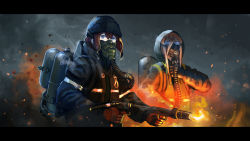 Rule 34 | 2girls, beanie, blonde hair, blue eyes, brown hair, cleaners, erica (naze1940), fire, flamethrower, gloves, glowing, glowing eyes, hat, highres, jacket, letterboxed, multiple girls, original, oxygen mask, tom clancy&#039;s the division, vest, weapon