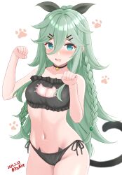 1girl ame-san bell black_bra black_panties black_ribbon bra braid breasts cat_cutout cat_ear_panties cat_lingerie cat_tail cleavage cleavage_cutout clothing_cutout frilled_bra frills green_hair hair_between_eyes hair_flaps hair_ornament hair_ribbon hairclip highres jingle_bell kantai_collection large_breasts long_hair looking_at_viewer meme_attire navel neck_bell panties paw_pose ponytail ribbon side-tie_panties tail twin_braids underwear underwear_only very_long_hair yamakaze_(kancolle) yamakaze_kai_ni_(kancolle)