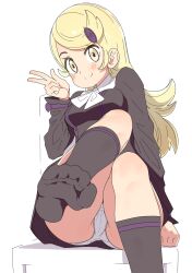 Rule 34 | 1girl, ace trainer (pokemon), arm support, blonde hair, blush, breasts, closed mouth, commentary request, creatures (company), game freak, hair ornament, hairclip, hand up, highres, jacket, kneehighs, long hair, long sleeves, medium breasts, nintendo, no shoes, panties, pantyshot, pokemon, pokemon xy, sitting, skirt, smile, socks, soles, solo, split mouth, swept bangs, tottotonero, underwear, w, white panties, yellow eyes