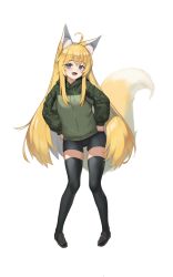 Rule 34 | 1girl, absurdres, ahoge, animal ear fluff, animal ears, black thighhighs, blonde hair, blue eyes, blush, character request, commentary request, copyright request, fluf.p, fox ears, fox girl, fox tail, green jacket, highres, jacket, long hair, looking at viewer, open mouth, shorts, simple background, smile, solo, standing, tail, thighhighs, tooth, very long hair, white background, zettai ryouiki