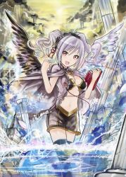Rule 34 | 10s, 1girl, :d, asymmetrical wings, book, breasts, cleavage, feathered wings, headdress, holding, holding book, idolmaster, idolmaster cinderella girls, kanzaki ranko, light rays, midriff, navel, nerotarou, open mouth, purple hair, red eyes, skirt, small breasts, smile, solo, sunbeam, sunlight, thighhighs, twintails, wings