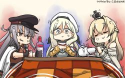 Rule 34 | 3girls, alcohol, anger vein, baguette, beret, black gloves, black tea, blonde hair, braid, bread, commentary, crown, cup, dated, dress, false smile, food, french braid, gangut (kancolle), gloves, grey hair, hair between eyes, half up braid, hamu koutarou, hat, highres, jacket, kantai collection, kotatsu, long hair, long sleeves, mini crown, mole, mole under eye, multicolored clothes, multicolored gloves, multiple girls, off-shoulder dress, off shoulder, orange eyes, peaked cap, red shirt, remodel (kantai collection), richelieu (kancolle), shaded face, shirt, smile, strapless, strapless dress, table, tea, teacup, vodka, warspite (kancolle), white dress, white jacket, yellow eyes