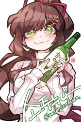 Rule 34 | 1girl, :3, absurdres, arang (arang0220), blush, bottle, breasts, brown hair, cleavage, commentary, fortissimo, hair ornament, hair ribbon, heart, highres, holding, holding bottle, indie virtual youtuber, korean commentary, korean text, large breasts, long hair, looking at viewer, miori celesta, musical note, musical note hair ornament, pink sweater, ponytail, ribbed sweater, ribbon, sleeves past wrists, smile, soju, solo, sweater, treble clef, turtleneck, turtleneck sweater, twitter username, upper body, very long hair, virtual youtuber, white background
