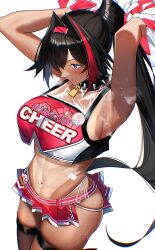 Rule 34 | 1girl, :o, absurdres, armpits, arms up, bandaid on stomach, bare shoulders, bay (nikke), black hair, black thighhighs, blush, breasts, cheerleader, collar, crop top, dark-skinned female, dark skin, goddess of victory: nikke, hair intakes, hairband, highleg, highleg panties, highres, holding, holding pom poms, large breasts, linea alba, lock, long hair, mole, mole on breast, mole on stomach, mole under eye, mole under mouth, multicolored hair, navel, padlock, padlocked collar, panties, pom pom (cheerleading), pom poms, ponytail, red hair, side-tie panties, single thighhigh, skindentation, skirt, solo, spiked collar, spikes, star sticker, steaming body, sticker on face, stomach, streaked hair, tan, tanline, thigh strap, thighhighs, thighs, toned, two-tone skirt, two-tone tank top, underwear, usagits 00, very long hair, white background, white panties