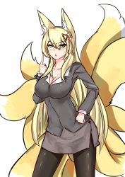 Rule 34 | 1girl, alternate costume, animal ear fluff, animal ears, bad id, bad pixiv id, black pantyhose, blonde hair, boy (pixiv17542438), breasts, chinese commentary, cleavage, commentary request, contemporary, cowboy shot, closed eyes, fox ears, fox tail, green eyes, hair between eyes, hair ornament, hand on own hip, highres, index finger raised, large breasts, large tail, long hair, looking at viewer, mon-musu quest!, multiple tails, aged up, open mouth, pantyhose, side slit, simple background, skirt, solo, spoilers, tail, tamamo (mon-musu quest!), very long hair, white background