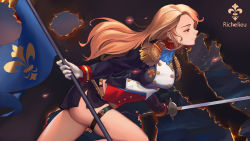 Rule 34 | 1girl, blonde hair, blue eyes, blush, braid, breasts, buttons, character name, crown braid, double-breasted, epaulettes, from side, gloves, hair ornament, half-closed eyes, holding, holding sword, holding weapon, large breasts, long hair, looking afar, military, military uniform, pencil skirt, rapier, richelieu (warship girls r), running, sidelocks, skindentation, skirt, solo, standard bearer, sword, thigh strap, thighhighs, thighs, uniform, warship girls r, weapon, white gloves, wuguno ziran juan