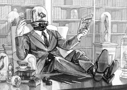 Rule 34 | 1boy, animal, bell jar, bird, book, bookshelf, chair, cigarette, collared shirt, crossed legs, cup, desk, feet on table, file, fish, fish tank, formal, full body, greyscale, hands up, highres, holding, holding cigarette, holding newspaper, hourglass, indoors, inkwell, jaddddan, male focus, monochrome, necktie, newspaper, object head, original, shirt, sitting, solo, suit, taxidermy, teacup