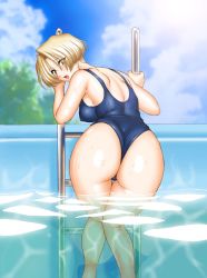 Rule 34 | 00s, 1girl, :o, armpits, ass, ass focus, back, bent over, blonde hair, blue one-piece swimsuit, blurry, blush, bob cut, breasts, cloud, covered erect nipples, day, depth of field, embarrassed, eyes visible through hair, from behind, green eyes, hands up, hip focus, huge ass, in water, ladder, leaning forward, legs together, looking back, maria tachibana, medium breasts, momoya show-neko, nape, one-piece swimsuit, one-piece thong, open mouth, outdoors, parted bangs, pool, pool ladder, raised eyebrows, sakura taisen, school swimsuit, shiny clothes, shiny skin, short hair, sideboob, skin tight, sky, solo, standing, surprised, swimsuit, thigh gap, thighs, thong, tree, wading, water, wet, wide hips