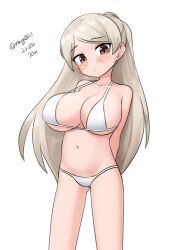 Rule 34 | 1girl, absurdres, arms behind back, bikini, breasts, brown eyes, conte di cavour (kancolle), dated, feet out of frame, grey hair, highres, kantai collection, large breasts, long hair, maru (marg0613), navel, simple background, solo, swimsuit, twitter username, two side up, white background, white bikini