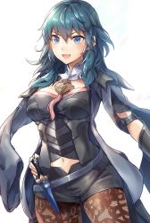 Rule 34 | 1girl, armor, armored dress, belt, black pantyhose, blue eyes, blue hair, breasts, byleth (female) (fire emblem), byleth (fire emblem), dagger, detached collar, fire emblem, fire emblem: three houses, hand on own hip, highres, jacket, jacket on shoulders, knife, large breasts, long hair, looking at viewer, midriff, navel, nintendo, open mouth, pantyhose, samoore, short shorts, shorts, simple background, smile, solo, vambraces, weapon, white background