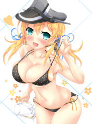 Rule 34 | 10s, 1girl, :d, akairo no mako, alcohol, anchor hair ornament, aqua eyes, armpits, bare shoulders, beer, beer mug, bikini, black bikini, black ribbon, blonde hair, blush, breasts, cleavage, collarbone, cup, foam, grey hat, hair between eyes, hair ornament, halterneck, hat, heart, highres, holding, holding cup, kantai collection, large breasts, long hair, looking at viewer, low twintails, mug, navel, open mouth, peaked cap, polka dot, polka dot bikini, prinz eugen (kancolle), pulling own clothes, ribbon, side-tie bikini bottom, simple background, smile, solo, stomach, strap pull, string bikini, swimsuit, tareme, thigh gap, twintails, white background