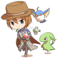 Rule 34 | 1boy, alchemist (ragnarok online), bird, black eyes, blue cape, boots, brown coat, brown footwear, brown gloves, brown hair, brown headwear, brown pants, cape, closed mouth, coat, commentary request, creature, expressionless, filir (ragnarok online), flask, full body, gloves, hair between eyes, hat, long sleeves, looking at viewer, mouth hold, natsuya (kuttuki), pants, petite (ragnarok online), potion, ragnarok online, red cape, round-bottom flask, short hair, simple background, stalk in mouth, two-sided cape, two-sided fabric, vial, white background