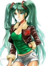 Rule 34 | 1girl, bad id, bad pixiv id, breasts, centimetre, cleavage, female focus, green eyes, green hair, hatsune miku, jacket, long hair, matching hair/eyes, medium breasts, midriff, short shorts, shorts, simple background, solo, twintails, very long hair, vocaloid, white background