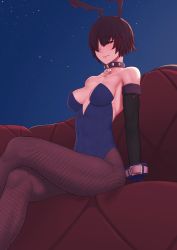 Rule 34 | 1girl, bloodstained: ritual of the night, blush, breasts, brown hair, cleavage, closed mouth, collar, commentary request, covered navel, crossed legs, elbow gloves, eyelashes, fishnet pantyhose, fishnets, from below, gloves, hair between eyes, highres, knees, leotard, lili (bloodstained), medium breasts, mole, mole under eye, multicolored hair, pantyhose, playboy bunny, putcher, red eyes, short hair, sitting, solo
