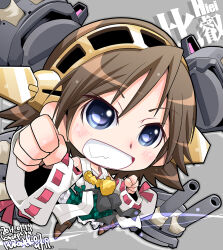 Rule 34 | 1girl, blue eyes, boots, brown hair, cannon, character name, chibi, detached sleeves, flipped hair, frilled skirt, frills, green skirt, hairband, headgear, hiei (kancolle), highres, japanese clothes, kantai collection, kuroneko (kuroneko works), nontraditional miko, plaid, plaid skirt, ribbon-trimmed sleeves, ribbon trim, rigging, short hair, skirt, solo, thigh boots, turret, wide sleeves