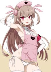 Rule 34 | 1girl, :d, apron, arm behind head, arm up, armpits, asanagi, bare shoulders, blush, bra, breasts, commentary request, elbow gloves, fang, gloves, hair ornament, hair ribbon, hand on own hip, hat, heart, highres, light brown hair, long hair, looking at viewer, natori sana, nurse cap, open mouth, panties, pink apron, pink hat, red eyes, ribbon, sana channel, short sleeves, side-tie panties, simple background, small breasts, smile, solo, standing, thighhighs, two side up, underwear, virtual youtuber, white bra, white gloves, white panties, white thighhighs, wide hips