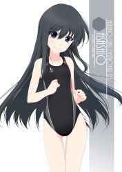 Rule 34 | 1girl, artist name, asashio (kancolle), black hair, black one-piece swimsuit, blue eyes, character name, collarbone, competition swimsuit, cowboy shot, eyes visible through hair, flat chest, hair between eyes, highres, inaba shiki, kantai collection, long hair, looking at viewer, multicolored clothes, multicolored swimsuit, one-hour drawing challenge, one-piece swimsuit, simple background, smile, solo, standing, striped clothes, striped one-piece swimsuit, swimsuit, vertical-striped clothes, vertical-striped one-piece swimsuit, white background
