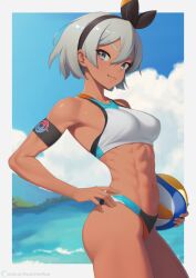 Rule 34 | 1girl, abs, ball, bea (pokemon), beach, beachball, black hairband, blue sky, border, breasts, closed mouth, cloud, commentary, creatures (company), dark-skinned female, dark skin, day, game freak, grey eyes, grey hair, hairband, holding, holding ball, holding beachball, looking at viewer, medium breasts, muscular, muscular female, nintendo, ocean, outdoors, pokemon, pokemon swsh, putcher, revision, short hair, sky, smile, solo, sports bra, standing, tan, thighs, white border