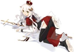 Rule 34 | boots, commentary request, cross, crown, dress, gradient background, green eyes, harapeko (886011), horns, long hair, looking at viewer, on floor, open mouth, original, red dress, sheep horns, simple background, staff, tripping, white background, white hair