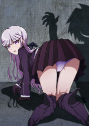 Rule 34 | 1girl, all fours, ass, bent over, black bow, black ribbon, blush, boots, bow, braid, braided ponytail, cameltoe, coat, concrete, concrete floor, concrete wall, danganronpa: trigger happy havoc, danganronpa (series), ears, gloves, hair bow, hair ribbon, high heel boots, high heels, jacket, kirigiri kyoko, legs, long hair, long sleeve shirt, long sleeved jacket, long sleeves, looking at viewer, nose, open mouth, panties, pleated skirt, purple coat, purple eyes, purple footwear, purple gloves, purple hair, purple jacket, purple panties, purple skirt, ribbon, shirt, skirt, sweat, sweatdrop, teeth, thighs, tongue, turned around, turning head, underwear, upper teeth only, white shirt