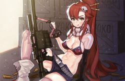 Rule 34 | 00s, 1girl, abs, belt, bikini, bikini top only, boots, box, breasts, bullet, cleavage, fingerless gloves, gloves, gradient background, gun, hair ornament, kissai, licking lips, navel, ponytail, red hair, rifle, scarf, short shorts, shorts, sitting, solo, stomach, studded belt, swimsuit, tengen toppa gurren lagann, thick thighs, thighhighs, thighs, toned, tongue, tongue out, weapon, yellow eyes, yoko littner