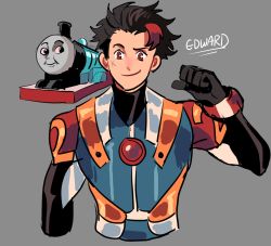 Rule 34 | 1boy, bad id, bad twitter id, bodysuit, character name, edward the blue engine, grey background, hair slicked back, kendy (revolocities), male focus, multicolored hair, personification, pilot suit, pointing, pointing at self, red eyes, scar, simple background, smile, solo, streaked hair, thomas the tank engine, upper body