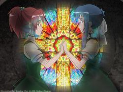 Rule 34 | 00s, 2girls, aoi nagisa, blue hair, holding hands, highres, multiple girls, ponytail, red hair, stained glass, strawberry panic!, suzumi tamao, wallpaper, yuri