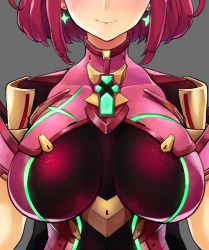 Rule 34 | 1girl, armor, blush, bodysuit, breast focus, breasts, breasts apart, collarbone, earrings, ereraero, facing viewer, grey background, grin, head out of frame, highres, impossible bodysuit, impossible clothes, jewelry, large breasts, lips, nintendo, pyra (xenoblade), red bodysuit, red hair, short hair, shoulder armor, shoulder pads, sidelocks, simple background, skin tight, smile, solo, upper body, view between breasts, xenoblade chronicles (series), xenoblade chronicles 2
