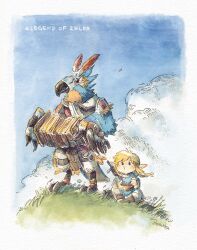 Rule 34 | 2boys, accordion, blonde hair, blue sky, blue tunic, border, cloud, copyright name, furry, furry male, holding, holding instrument, instrument, kass, link, looking at viewer, male focus, medium hair, miyakomiiya, multiple boys, music, nintendo, on grass, outdoors, playing instrument, pointy ears, rito, sitting, sky, sword, the legend of zelda, the legend of zelda: breath of the wild, weapon, weapon on back, white border