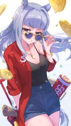 Rule 34 | 1girl, adapted costume, adjusting eyewear, alternate costume, animal ears, black shirt, bracelet, breasts, cleavage, commentary request, cowboy shot, denim, denim shorts, ear ornament, gold ship (run revolt launcher) (umamusume), gold ship (umamusume), grey hair, highres, horse ears, horse girl, horse tail, jacket, jewelry, long hair, long sleeves, looking at viewer, medium breasts, necklace, open clothes, open jacket, purple eyes, red jacket, shirt, shorts, simple background, solo, sparkle, suitcase, sunglasses, tail, umamusume, very long hair, water gun, white background, yakousei a