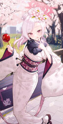 Rule 34 | 1girl, absurdres, blue archive, blush, candy apple, cherry blossoms, closed mouth, day, fingernails, flower, food, goeleu, hair flower, hair ornament, halo, highres, holding, holding food, japanese clothes, kimono, long hair, long sleeves, looking at viewer, mutsuki (blue archive), mutsuki (new year) (blue archive), obi, official alternate costume, outdoors, pink flower, pink halo, purple eyes, sandals, sash, smile, socks, solo, tongue, tongue out, v, white hair, white kimono, white socks, wide sleeves, zouri