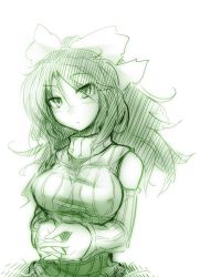 Rule 34 | 1girl, bare shoulders, bow, breasts, detached sleeves, covered erect nipples, female focus, green theme, hair bow, head tilt, interlocked fingers, kazetto, large breasts, long hair, looking at viewer, messy hair, monochrome, no wings, reiuji utsuho, ribbed sweater, shirt, solo, sweater, taut clothes, taut shirt, touhou, upper body