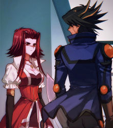 Rule 34 | 1boy, 1girl, absurdres, black dress, black gloves, black hair, blonde hair, blue jacket, breasts, brown gloves, choker, cleavage, closed mouth, collarbone, cowboy shot, dress, duel disk, elbow gloves, eye contact, facial mark, fudo yusei, gloves, hair intakes, highres, izayoi aki, jacket, jewelry, large breasts, long sleeves, looking at another, multicolored hair, naoki (2rzmcaizerails6), pendant, red choker, red eyes, red hair, short dress, short hair with long locks, short sleeves, sidelocks, sketch, spiked hair, standing, two-tone hair, underbust, white sleeves, yu-gi-oh!, yu-gi-oh! 5d&#039;s