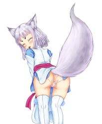 Rule 34 | 10s, 1girl, animal ear fluff, animal ears, bad id, bad pixiv id, blush, closed eyes, cum, cum in pussy, fox ears, fox tail, highres, japanese clothes, kon (tokyo ravens), no panties, presenting, pussy, short hair, silver hair, solo, tail, tenyoshi (briansept), thighhighs, tokyo ravens, uncensored