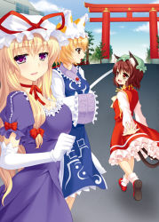 Rule 34 | 3girls, :d, animal ears, animal hat, blonde hair, blush, bobby socks, bow, breasts, brown hair, cat ears, cat tail, chen, choker, cleavage, day, dress, elbow gloves, fang, frilled dress, frilled sleeves, frills, from side, gloves, hair bow, hands in opposite sleeves, hat, hat ribbon, katagiri chisato, large breasts, long hair, long sleeves, looking at another, looking at viewer, looking to the side, mary janes, mob cap, multiple girls, multiple tails, open mouth, outdoors, parted lips, mob cap, puffy short sleeves, puffy sleeves, purple dress, purple eyes, red bow, red dress, red footwear, red ribbon, ribbon, ribbon choker, road, shoes, short sleeves, sidelocks, smile, socks, standing, street, tabard, tail, tassel, torii, touhou, two tails, white dress, white gloves, white legwear, wide sleeves, yakumo ran, yakumo yukari, yellow eyes