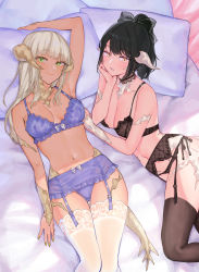 Rule 34 | 2girls, absurdres, arm up, armpits, au ra, bare arms, bare shoulders, black bow, black bra, black garter belt, black hair, black panties, black thighhighs, blonde hair, blue bra, blue garter belt, blue panties, blunt bangs, bow, bow bra, bra, breasts, breasts apart, closed mouth, collarbone, commentary, cowboy shot, dark-skinned female, dark skin, dragon girl, dragon horns, dragon tail, eyelashes, eyeshadow, final fantasy, final fantasy xiv, fingernails, frilled bra, frilled garter belt, frills, from above, garter belt, green eyes, green nails, hair bow, head rest, high ponytail, highres, horns, legs together, long fingernails, long hair, looking at viewer, looking to the side, lying, makeup, medium breasts, medium hair, midriff peek, mole, mole on breast, multiple girls, nail polish, navel, on back, on bed, on side, panties, parted bangs, parted lips, pillow, scales, side-tie panties, slit pupils, smile, stomach, straight hair, string panties, tail, thigh gap, thighhighs, underwear, underwear only, uni (melm), warrior of light (ff14), white bow, white horns, white legwear, yellow eyes