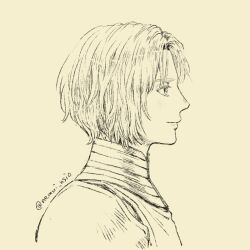 Rule 34 | 1boy, character request, closed mouth, from side, hai to no monogatari, looking ahead, male focus, nemui usio, portrait, profile, short hair, simple background, sketch, smile, solo, twitter username, yellow theme