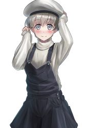 Rule 34 | 10s, 1girl, androgynous, ao iro, beret, casual, grey eyes, hat, highres, kantai collection, overalls, short hair, silver hair, sleeves past wrists, smile, solo, turtleneck, z1 leberecht maass (kancolle)