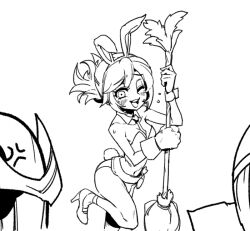 Rule 34 | 2girls, :d, anger vein, animal ears, bare shoulders, battle bunny riven, belt, blush, breasts, cleavage, detached collar, fake animal ears, foot up, gloves, greyscale, hand up, holding, league of legends, leotard, long hair, medium breasts, monochrome, multiple girls, one eye closed, open mouth, phantom ix row, playboy bunny, rabbit ears, rabbit tail, riven (league of legends), shoes, smile, solo focus, tail, wrist cuffs