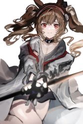 Rule 34 | 1girl, angelina (arknights), animal ears, arknights, bare legs, black gloves, blurry, brown hair, closed mouth, commentary, female focus, fox ears, gawako, gloves, grey jacket, hairband, highres, holding, holding staff, infection monitor (arknights), jacket, long hair, long sleeves, looking at viewer, red eyes, red hairband, simple background, smile, solo, staff, striped clothes, striped hairband, twintails, white background