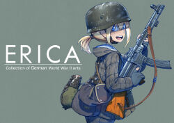 Rule 34 | 1girl, absurdres, arial (font), artist name, assault rifle, belt, blonde hair, bottle, canteen, combat helmet, comiket 102, commentary, commentary request, cover, dirty, dirty clothes, english commentary, english text, erica (naze1940), finger on trigger, from side, gloves, green headwear, grey background, grey gloves, grey jacket, grey pants, grey theme, gun, gun sling, hair tie, helmet, highres, holding, holding gun, holding weapon, hood, hood down, hooded jacket, jacket, load bearing equipment, long sleeves, looking at viewer, looking back, medium hair, military, military jacket, military uniform, mixed-language commentary, mkb42, open mouth, original, padded jacket, padded pants, pants, partially fingerless gloves, ponytail, pouch, rifle, scratched paint, scratches, smile, soldier, solo, stahlhelm, teeth, uniform, upper body, upper teeth only, water bottle, weapon, world war ii