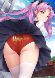 Rule 34 | 1girl, ass, back-print panties, black thighhighs, blue hair, blush, crescent, crescent facial mark, facial mark, fate/grand order, fate (series), forehead mark, hair ornament, ishtar (fate), long hair, looking at viewer, looking back, multicolored hair, open mouth, panties, panty focus, pleated skirt, print panties, red hair, red panties, school uniform, shirt, skirt, solo, space ishtar (fate), space ishtar (third ascension) (fate), text on panties, thighhighs, torimaru, twintails, two-tone hair, underwear, white shirt, yellow eyes