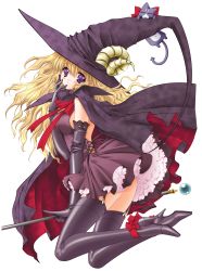 Rule 34 | 00s, 1girl, absurdres, blonde hair, carnelian, cat, elbow gloves, frills, garter straps, gloves, hat, highres, lilith (yamibou), long hair, looking at viewer, no bra, simple background, solo, thighhighs, vector trace, white background, witch hat, yami to boushi to hon no tabibito, zettai ryouiki
