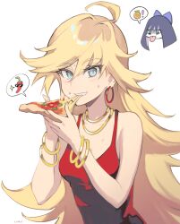 Rule 34 | 2girls, ahoge, bare shoulders, blonde hair, blue eyes, bracelet, chibi, chibi inset, chili pepper, collarbone, earrings, eating, food, food in mouth, food on face, fruit, hands up, highres, holding, holding food, holding pizza, hoop earrings, jewelry, long hair, looking at viewer, milka (milk4ppl), multiple girls, necklace, panty &amp; stocking with garterbelt, panty (psg), pineapple, pizza, pizza slice, red shirt, shirt, simple background, sleeveless, sleeveless shirt, smile, solo focus, speech bubble, spoken food, spoken object, stocking (psg), sweat, swept bangs, tongue, tongue out, upper body, white background