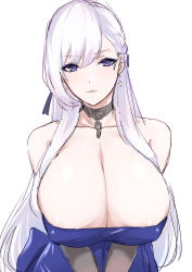 Rule 34 | 1girl, absurdres, alternate breast size, arms under breasts, azur lane, bare shoulders, belfast (azur lane), blush, braid, breasts, chain, choker, cleavage, collarbone, earrings, hair between eyes, heart, heart-shaped pupils, highres, huge breasts, jewelry, long hair, looking at viewer, mogi yasunobu, purple eyes, simple background, solo, swept bangs, symbol-shaped pupils, unfinished, upper body, white background, white hair