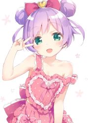 Rule 34 | 1girl, :d, apron, bare arms, bare shoulders, bow, commentary, double bun, frills, green eyes, hair bow, hair ornament, heart, heart hair ornament, highres, kani biimu, looking at viewer, manaka laala, mother&#039;s day, naked apron, open mouth, pink bow, pretty series, pripara, purple hair, short hair, simple background, smile, solo, strap slip, v, v over eye, white background