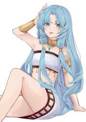 Rule 34 | 1girl, :p, arm up, armlet, bandeau, bare arms, bare shoulders, blue eyes, blue hair, commentary, english commentary, highres, jewelry, knee up, long hair, looking at viewer, miaobi nyabi, midriff, neck ring, original, pencil skirt, simple background, sitting, skirt, skirt set, solo, stomach, strapless, thighs, tongue, tongue out, tube top, very long hair, white background, white skirt