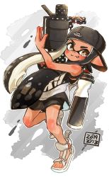 Rule 34 | 1girl, backwards hat, baseball cap, black eyes, black hair, black shorts, blunt bangs, closed mouth, commentary, dated, diagonal stripes, dolphin shorts, fang, full body, harutarou (orion 3boshi), hat, highres, sports sandals, holding, holding weapon, ink tank (splatoon), inkling, inkling girl, inkling player character, leaning back, logo, long hair, looking at viewer, nintendo, pointy ears, sandals, shirt, short shorts, shorts, sleeveless, sleeveless shirt, smile, solo, splatoon (series), splatoon 2, standing, standing on one leg, striped, striped background, tan, tentacle hair, weapon, white footwear, white shirt