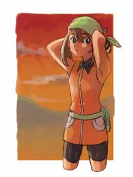 Rule 34 | 1girl, :/, alternate eye color, armpits, arms behind head, bad id, bad pixiv id, bandana, bare arms, bare shoulders, bike shorts, breasts, brown eyes, brown hair, closed mouth, cloud, collared dress, collared shirt, cowboy shot, creatures (company), cropped legs, dress, expressionless, fanny pack, feet out of frame, female focus, game freak, gloves, green bandanna, hair between eyes, highres, legs, looking at viewer, may (pokemon), may (pokemon emerald), multicolored clothes, multicolored gloves, neck, nintendo, orange dress, orange shirt, pokemon, pokemon emerald, pokemon rse, serious, shirt, short hair, sky, sleeveless, sleeveless dress, sleeveless shirt, small breasts, solo, standing, sunset, tanbo-san, twilight